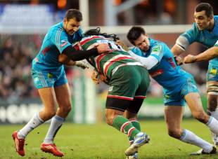 Leicester winger Alesana Tuilagi smashes into the Aironi defence, Leicester v Aironi, Heineken Cup, Welford Road, Leicester, England, January 21, 2012