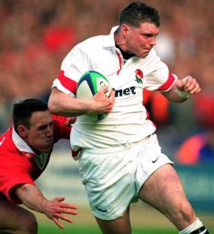 England's Steve Hanley tries to evade the tackle, England v Wales, Wembley, London, April 11, 1999