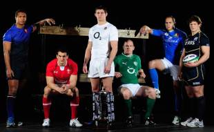 Representatives from the six countries pose next to the Six Nations trophy