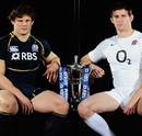 Scotland's Ross Ford and England's Tom Wood sit alongside the trophy