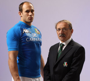 Italy captain Sergio Parisse and coach Jacques Brunel, Six Nations Launch, Hurlingham Club, London, England, January 25, 2012