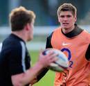 England's Owen Farrell looks focused during training