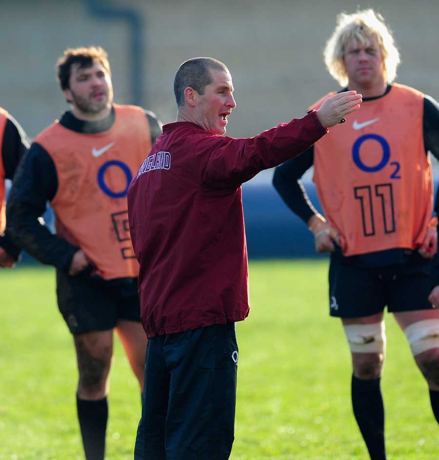 Interim coach Stuart Lancaster shouts out the orders during England training