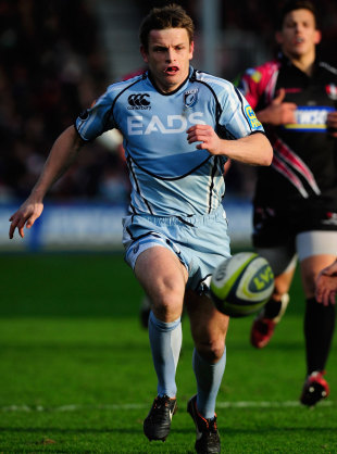 Cardiff fullback Ben Blair is forced to turn and chase after a ball in behind