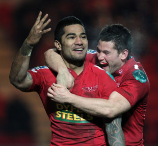 Scarlets winger Viliami Iongi celebrates his late try, Scarlets v London Irish, Anglo-Welsh Cup, Parc y Scarlets, Llanelli, Wales, January 28, 2012