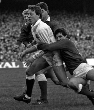 England's Nigel Melville is tackled by Wales' Rob Jones, England v Wales, Five Nations, Twickenham, England, February 6, 1988
