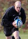 England's Joe Simpson charges forward in training