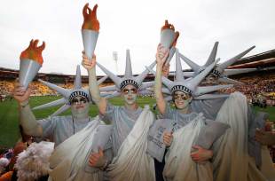 Fans parade Statue of Liberty costumes at Westpac Stadium