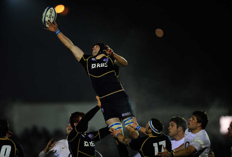 Scotland 'A' flanker Richie Vernon loses a lineout
