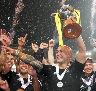 DJ Forbes toasts New Zealand's triumph, Wellington 7s, Westpac Stadium, Wellington, New Zealand, February 4, 2012