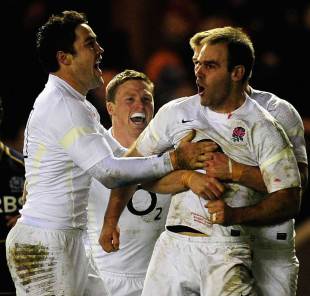 England celebrate Charlie Hodgson's try, Scotland v England, Six Nations, Murrayfield, Edinburgh, Scotland, February 4, 2012