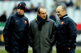France coach Philippe Saint-Andre flanked by assistants Patrice Lagisquet and Yannick Bru, France v Italy, Six Nations, Stade de France, Paris, France, February 4, 2012