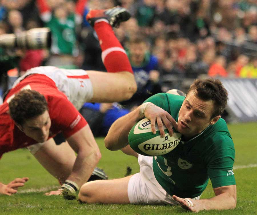 Ireland's Tommy Bowe goes over in the corner
