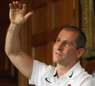 England coach Stuart Lancaster gestures during a press briefing, Pennyhill Park, Surrey, England, February 6, 2012