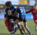 Montpellier's Alikisio Fakate thunders into a tackle
