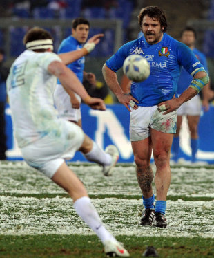 Italy's Andrea Lo Cicero looks on as Owen Farrell kicks a penalty, Italy v England, Six Nations, Stadio Olimpico, Rome, Italy, February 11, 2012