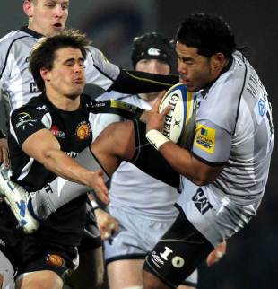 Leicester's Manu Tuilagi is smashed by Ignacio Mieres, Exeter Chiefs v Leicester Tigers, Aviva Premiership, Sandy Park, Exeter, February 11, 2012