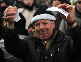 A France fan rips up his match ticket after the France v Ireland clash is cancelled minutes before kick off, France v Ireland, Six Nations, Stade de France, Paris, France, February 11, 2012