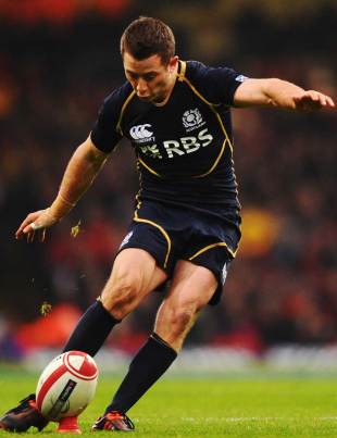 Scotland's Greig Laidlaw goes for the posts, Wales v Scotland, Six Nations, Millennium Stadium, Cardiff, Wales, February 12, 2012