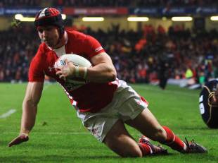 Wales' Leigh Halfpenny prepares to ground the ball, Wales v Scotland, Six Nations, Millennium Stadium, Cardiff, Wales, February 12, 2012