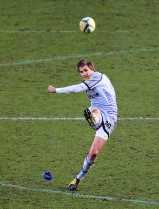 Leicester fly-half Toby Flood lands a kick at goal, Saracens v Leicester, Aviva Premiership, Vicarage Road, Watford, England, February 19, 2012