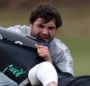 Alex Corbisiero tussles with an opponent during England training