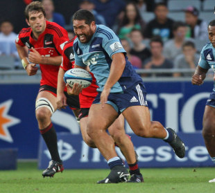 The Blues' Charlie Faumuina exploits a gap, Blues v Crusaders, Super Rugby, Eden Park, Auckland, New Zealand, February 24, 2012
