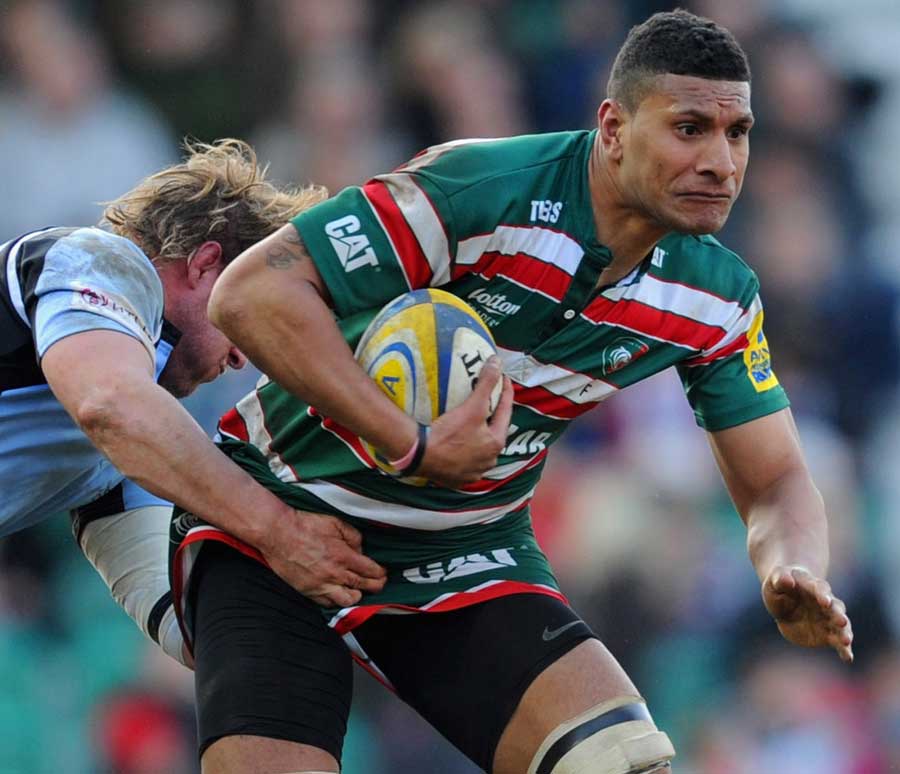 Leicester Tigers' Steve Mafi tries to shake off his tackler
