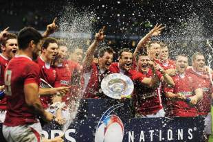 Wales celebrate with the Triple Crown trophy, England v Wales, Six Nations, Twickenham, London, February 25, 2012