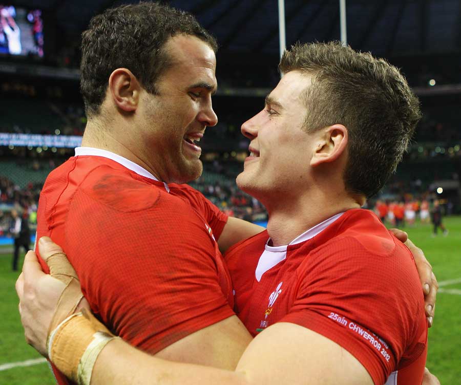 Wales' Jamie Roberts celebrates with match winner Scott Williams
