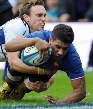 Wesley Fofana goes over for France's first score of the match