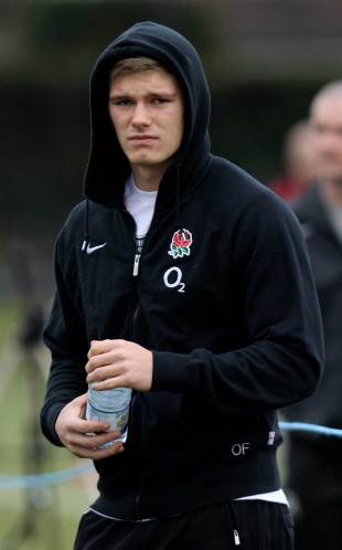 Injured Owen Farrell watches on from the sidelines during training, Loughborough University, England, February 29, 2012