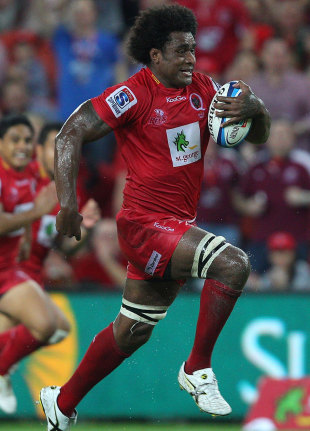 The Reds' Radike Samo sprints clear to score, Reds v Western Force, Super Rugby, Lang Park, Brisbane, Australia, March 3, 2012