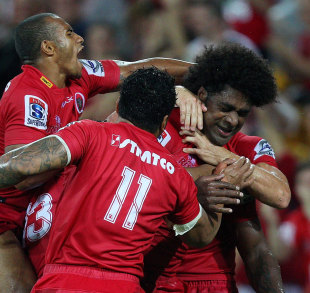 The Reds' Radike Samo celebrates his try, Reds v Western Force, Super Rugby, Lang Park, Brisbane, Australia, March 3, 2012