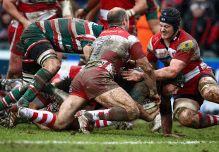 Leicester Tigers' Thomas Waldrom dives for the line, Leicester Tigers v Gloucester, Aviva Premiership, Welford Road, Leicester, March 4, 2012