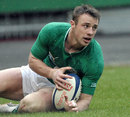 Ireland winger Tommy Bowe touches down for a try
