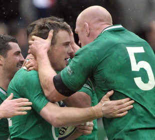 Ireland's Tommy Bowe is congratulated on a try by captain Paul O'Connell, France v Ireland, Six Nations, Stade de France, Paris, France, March 4, 2012