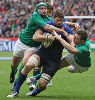 Ireland's Rory Best and Tommy Bowe gang up on France's Pascal Pape, France v Ireland, Six Nations, Stade de France, Paris, France, March 4, 2012