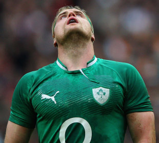 Ireland's Jamie Heaslip watches a kick sail over, France v Ireland, Six Nations, Stade de France, Paris, France, March 4, 2012