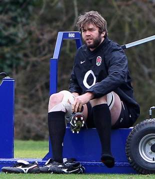 Geoff Parling takes a break during training, Pennyhill Park, Bagshot, England, March 9, 2012