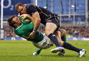Ireland's Tommy Bowe attempts to ground the ball