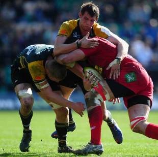 Tom Wood holds up Lou Reed, Northampton Saints v Scarlets, Anglo-Welsh Cup semi-final, Franklin's Gardens, March 11, 2012
