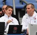 Injured England wing David Strettle talks with coach Stuart Lancaster