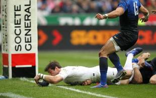 England fullback Ben Foden reaches out to score, France v England, Six Nations, Stade de France, Paris, France, March 11, 2012