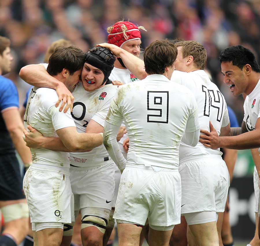 England fullback Ben Foden is congratulated on a try