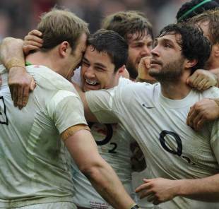 England flock around Tom Croft after his try, France v England, Six Nations, Stade de France, Paris, France, March 11, 2012