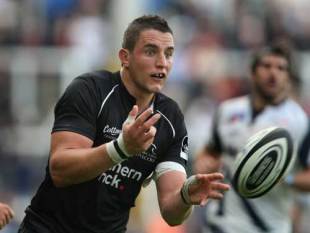 Phil Dowson of Newcastle Falcons passes the ball out during the Premiership match between Newcastle Falcons and Sale Sharks at Kingston Park in Newcastle, England on September 7, 2008.