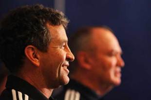 Back line coach Wayne Smith (L) and head coach Graham Henry of the New Zealand All Blacks speak at a press conference at the Hilton Hotel in Cardiff to name the team to play Wales in Wales, United Kingdom on November 19, 2008.