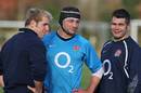 England captain Steve Borthwick flanked by James Haskell and Nick Easter during the England training session