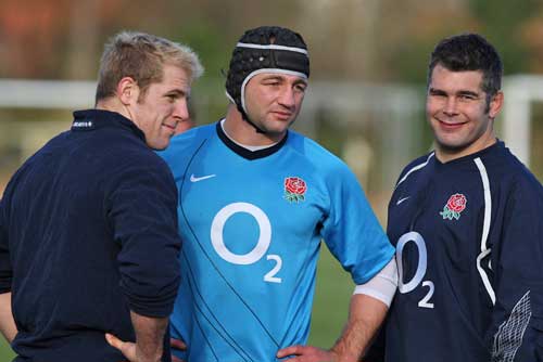 England captain Steve Borthwick flanked by James Haskell and Nick Easter during the England training session